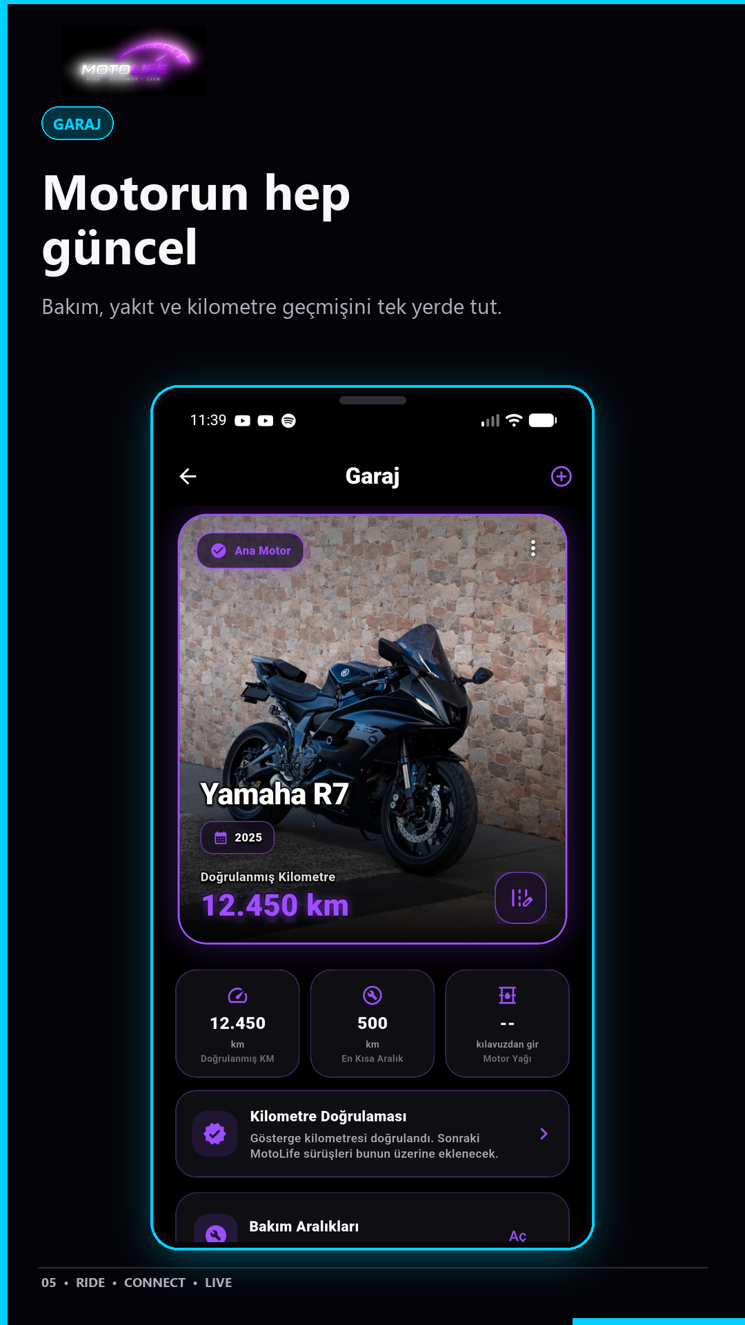 MotoLife garaj ve bakım ekranı