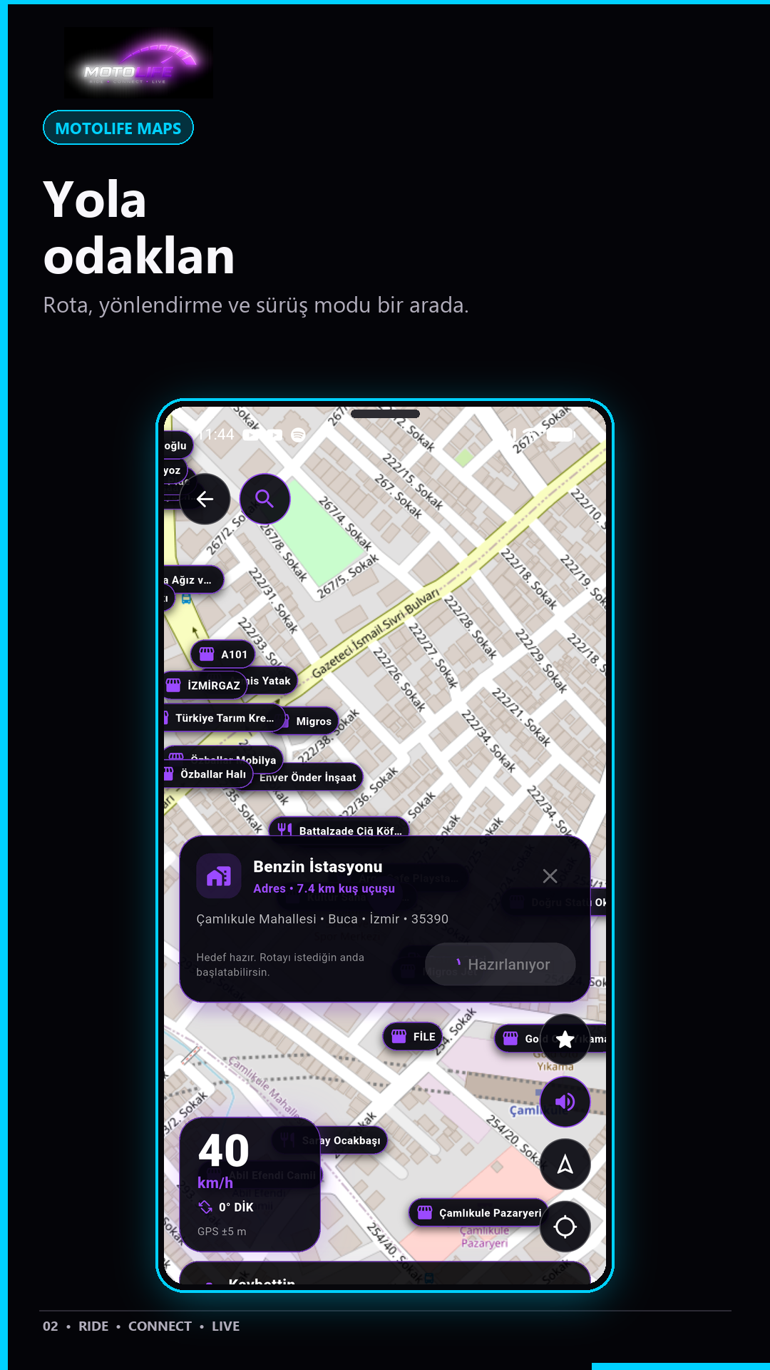MotoLife Maps navigasyon ekranı
