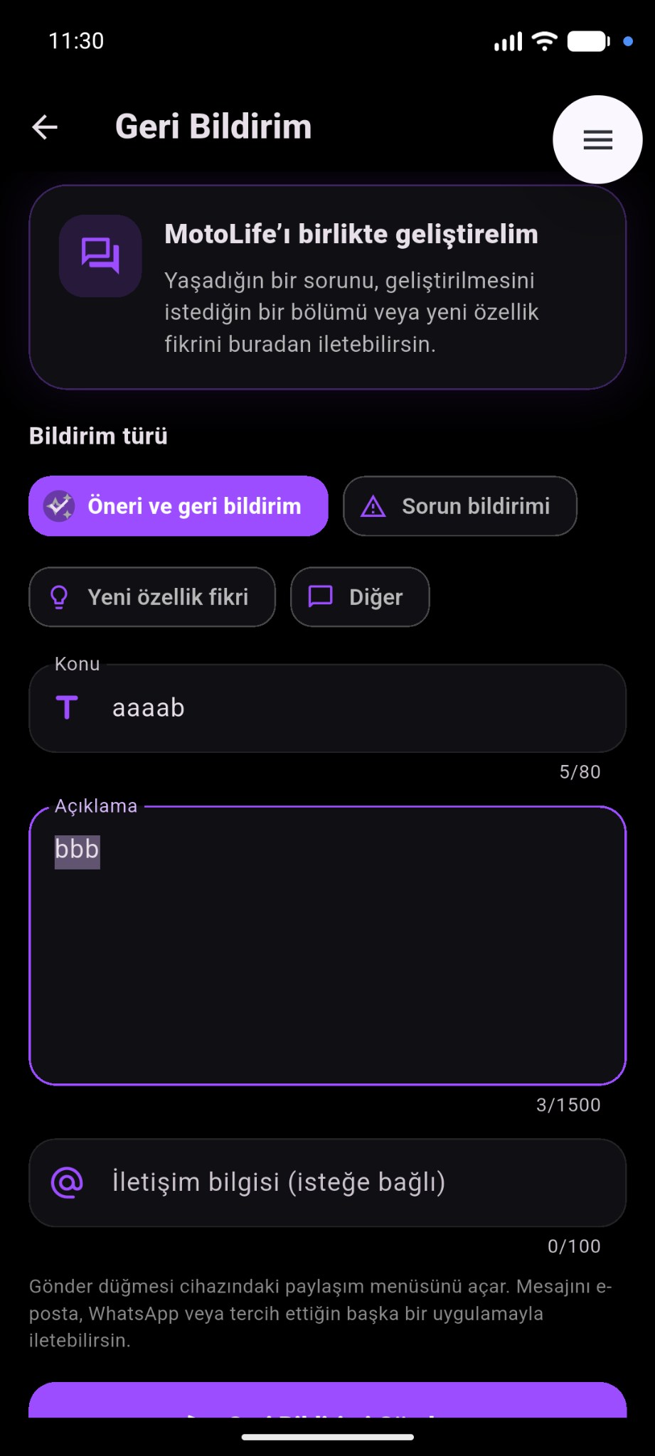 MotoLife uygulama içi geri bildirim ekranı