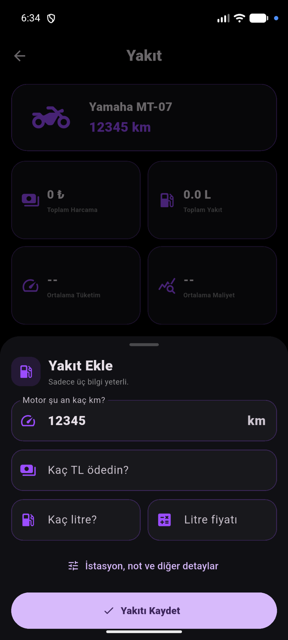 MotoLife yakıt kayıt ekranı