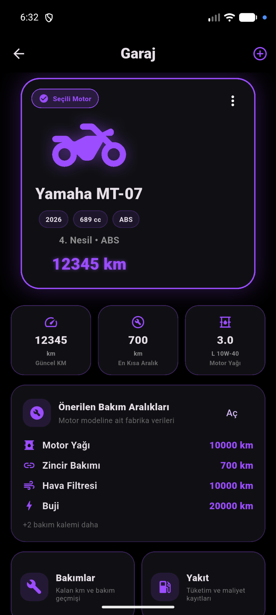 MotoLife garaj ekranı