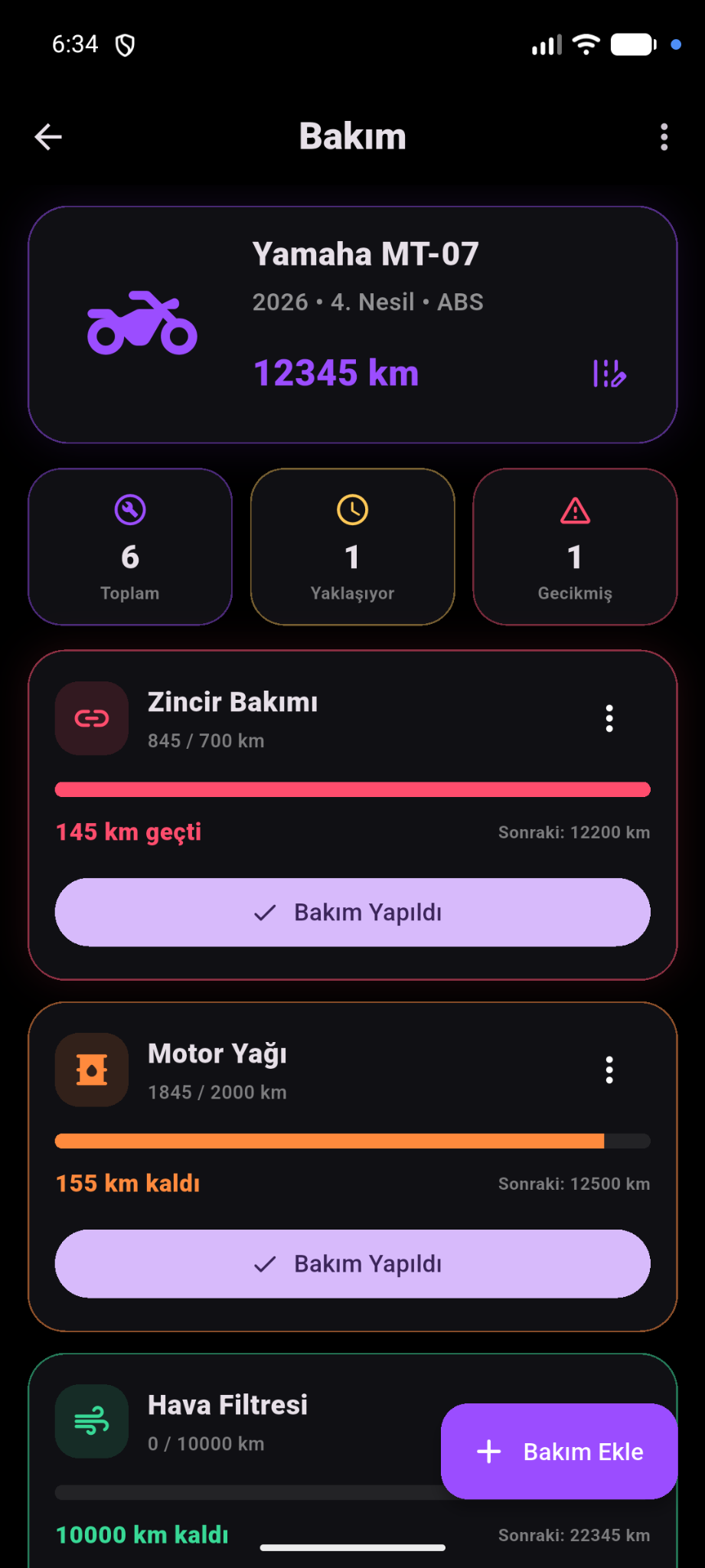 MotoLife bakım takip ekranı