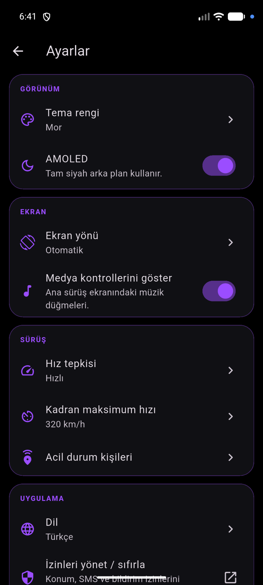 MotoLife ayarlar ekranı