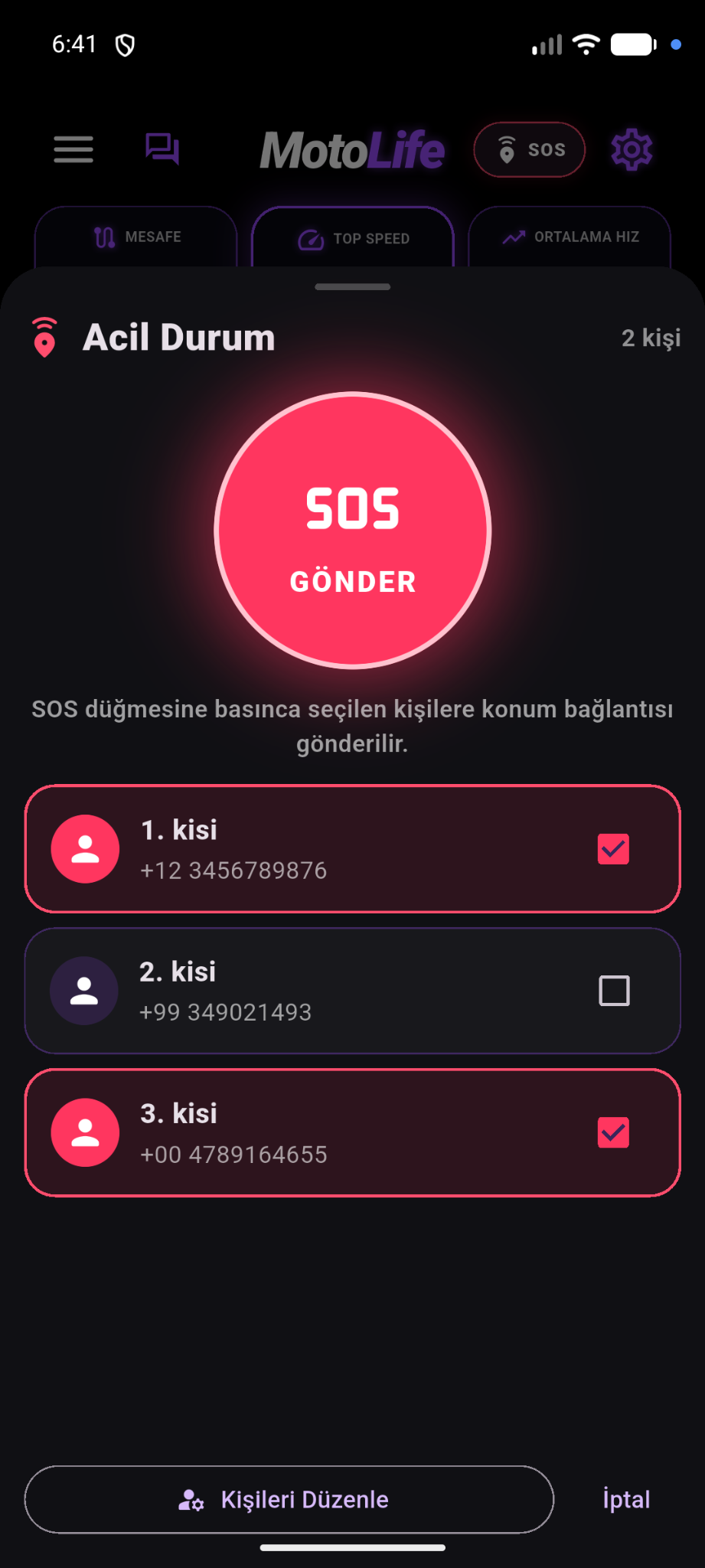 MotoLife SOS ekranı
