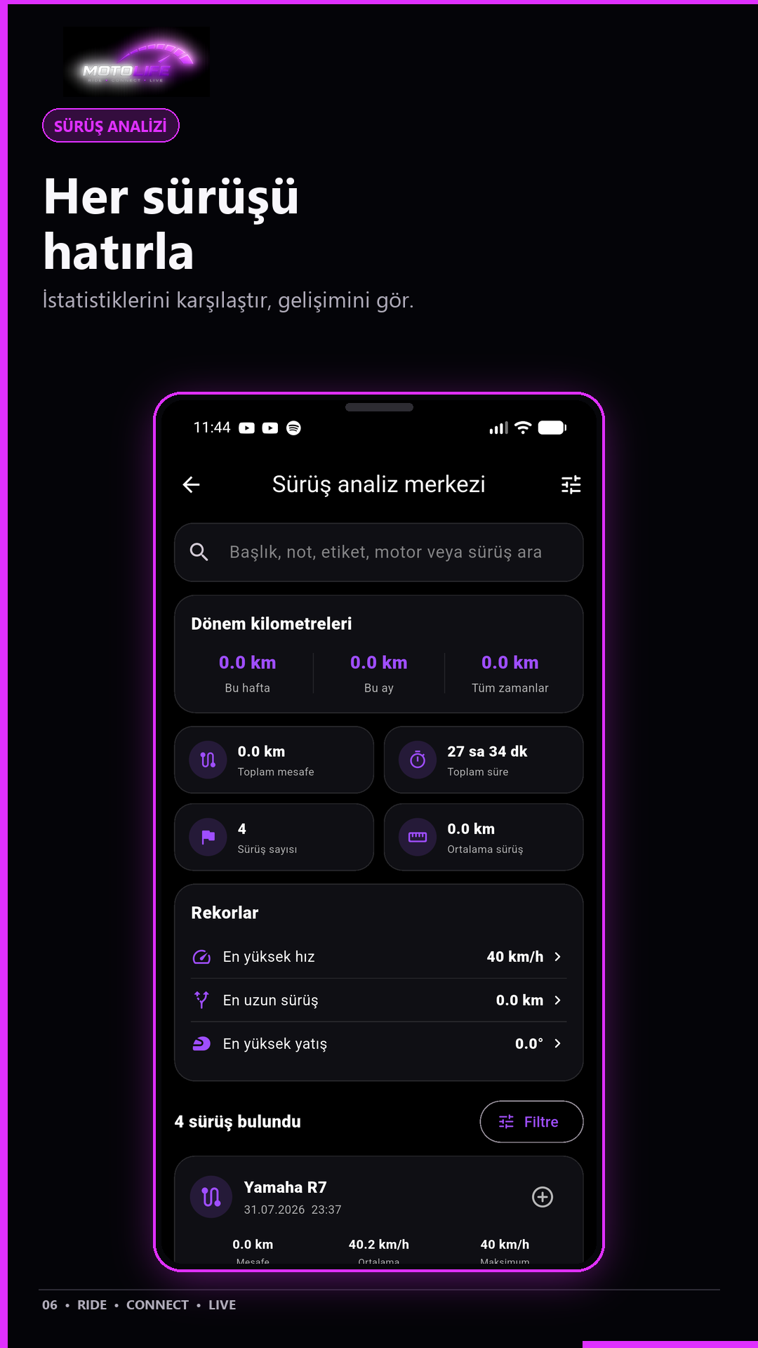 MotoLife sürüş analiz merkezi